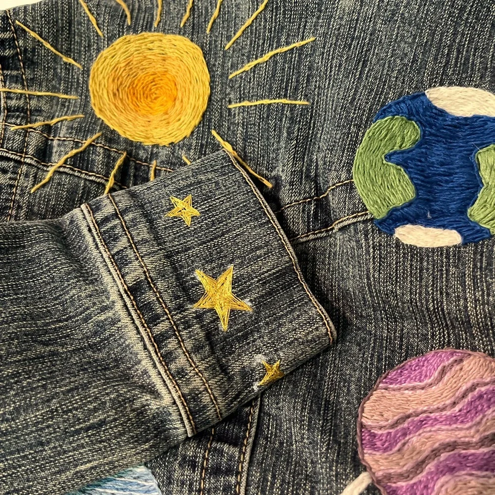 Custom Hand Embroidered Girls Denim‎ Jean Jacket w/Colorful Sun, Planets & Stars - Picture 7 of 14